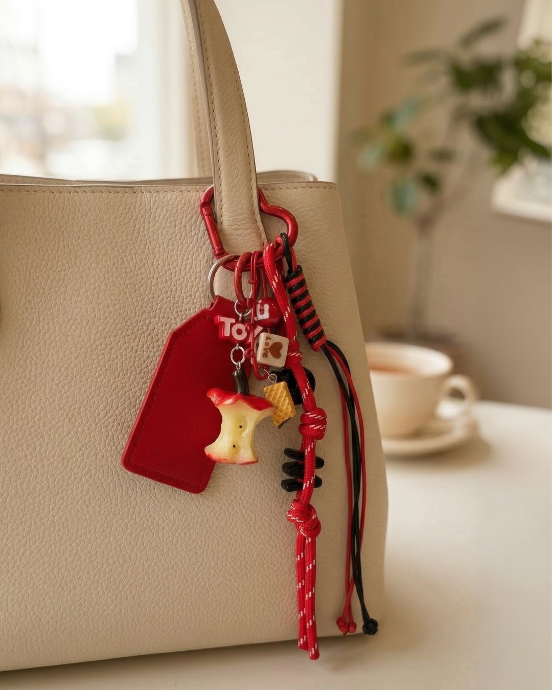Red multi-charm accessory hanging from a beige handbag with a red carabiner.