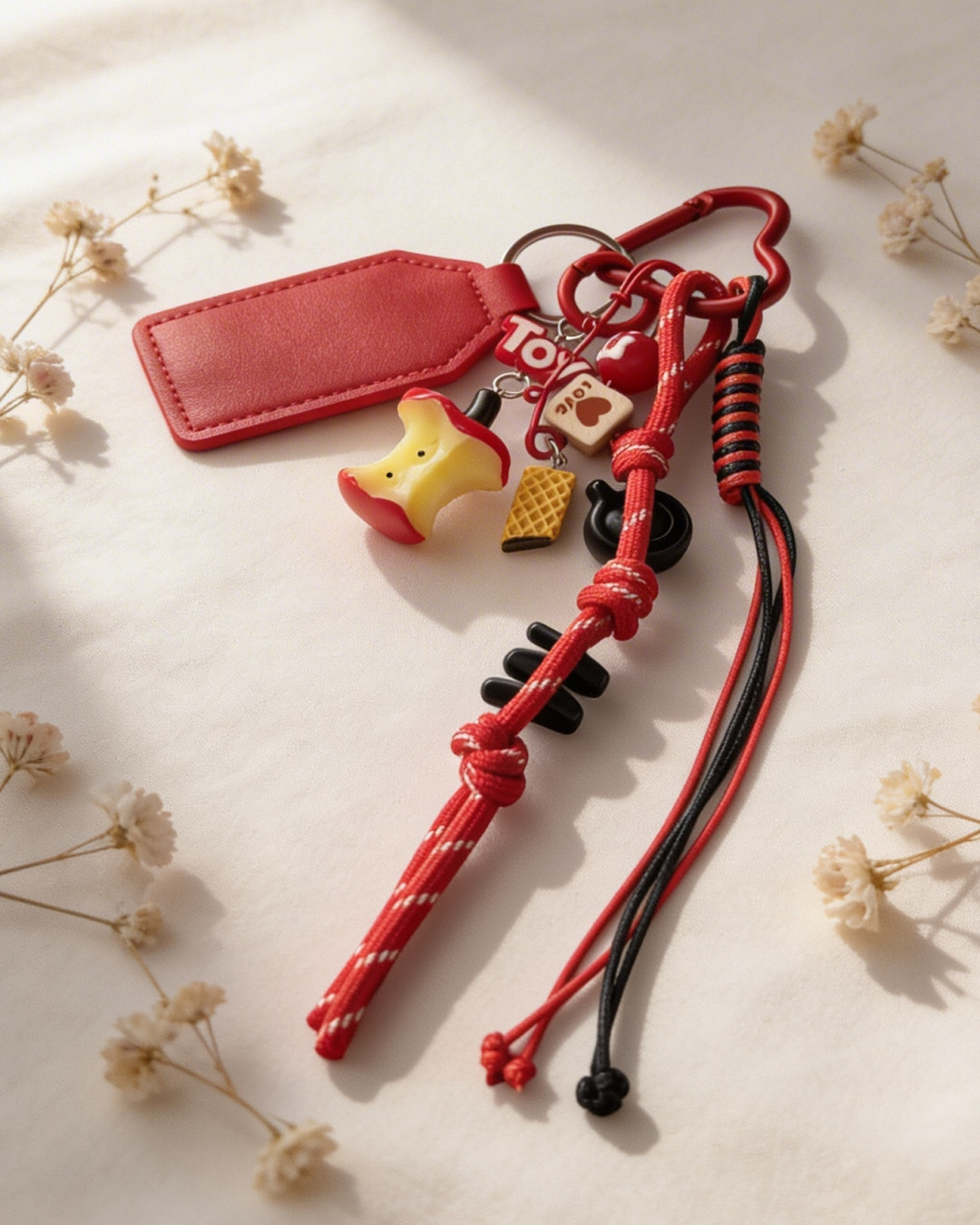 Red bag charm with apple, tag, cube, and cord details on a light background.