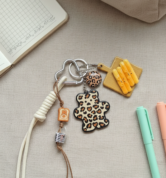 Bear bag charm with leopard print, silver cloud carabiner and mini heart charms on a neutral fabric background.