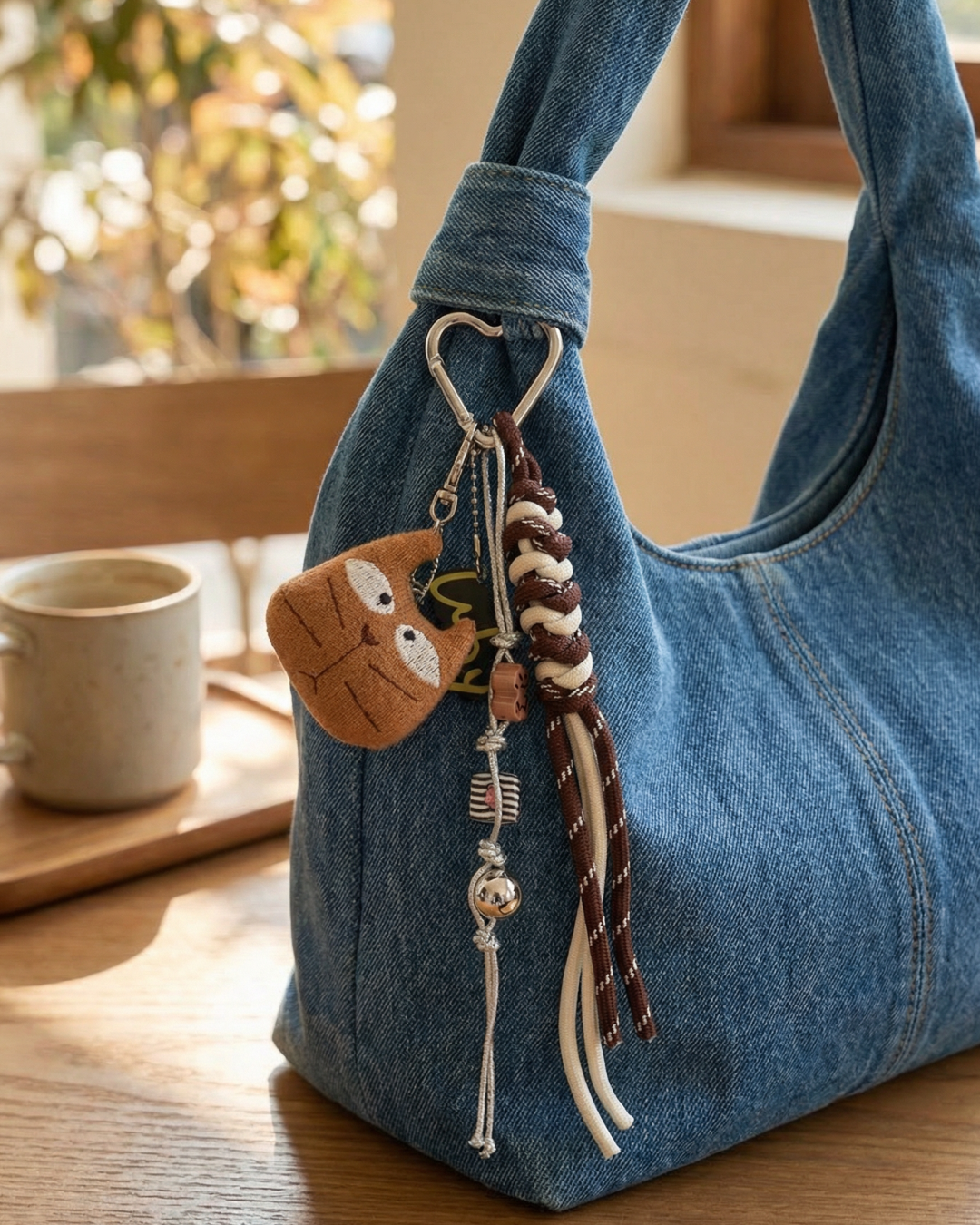 Bag charm with a brown cat motif, brown and beige cords, and small dangling accents on a soft light background.