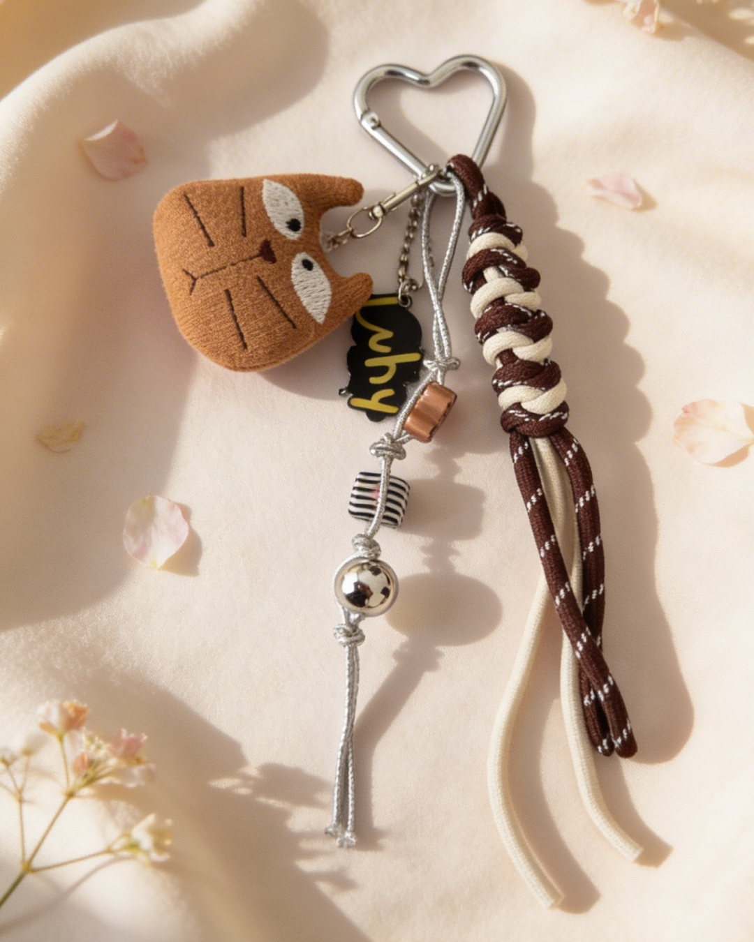 Brown cat charm hanging from a denim bag with a silver heart-shaped carabiner.