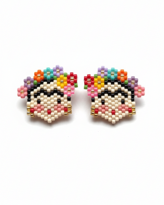 Pair of multicolor Miyuki Frida stud earrings on a white background.