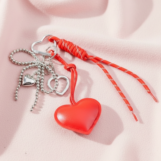 Red heart bag charm with silver mini hearts, ball chain and red cord, flat lay on soft pink fabric.