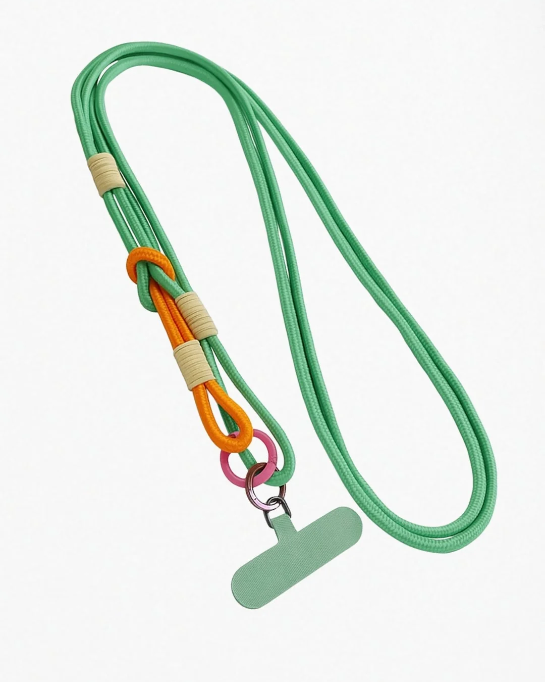 Mint green phone strap with orange detail and colorful rings displayed on a white background.