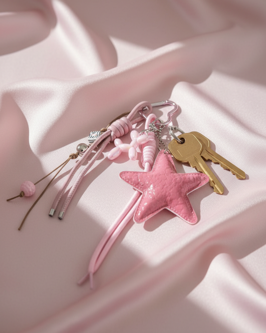 Pink padded star charm keychain with cords and mini balloon-dog on pink satin, side light