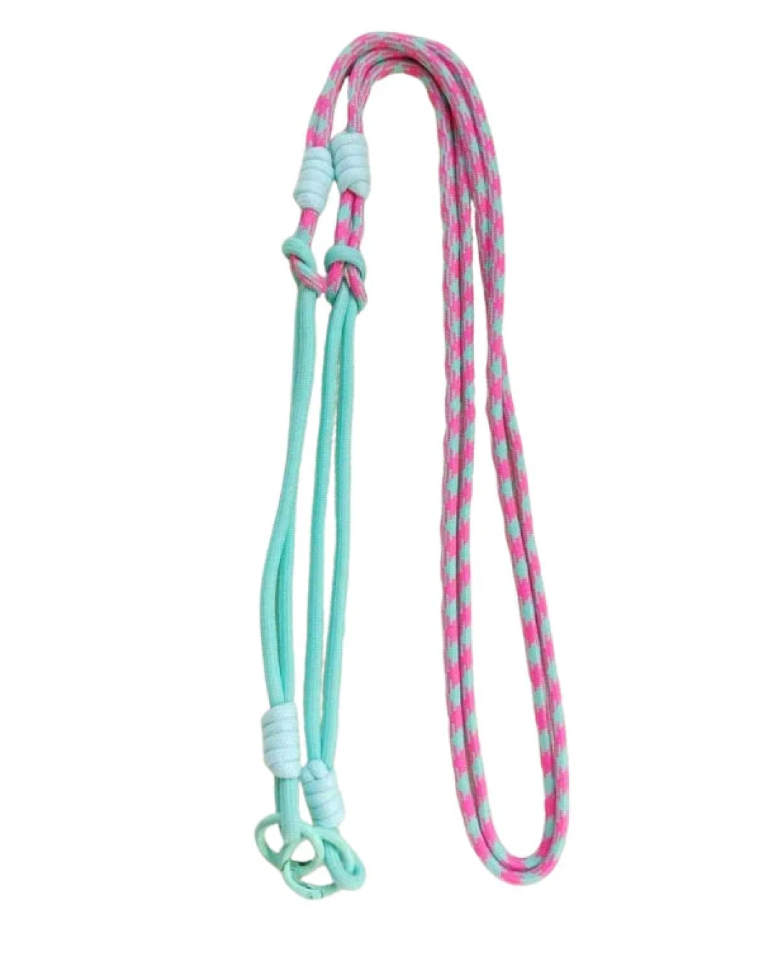Phone strap in mint and pink tones with braided cord displayed on a white background.