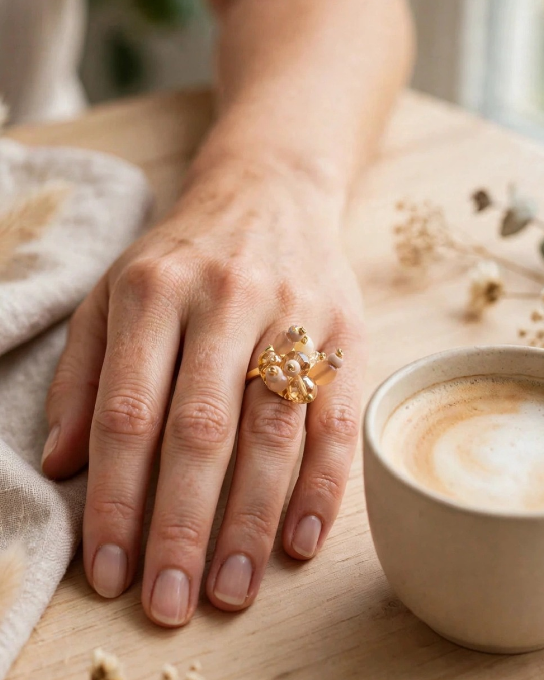 Woman wearing Nude Bouquet adjustable statement ring with pink, champagne, and ivory beads, resting her hand beside a coffee cup.